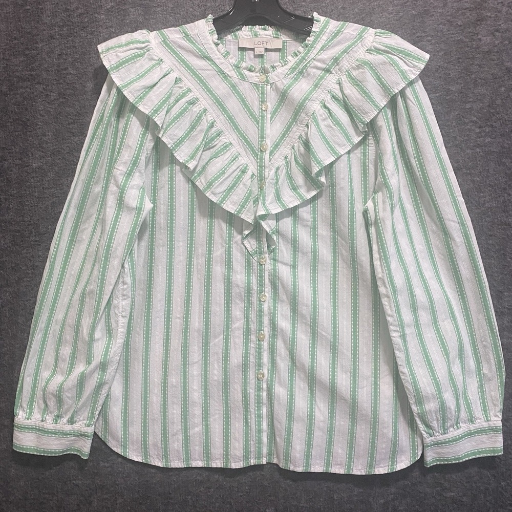 Ann Taylor LOFT Top Womens L Green White Ruffle Embroidered Boho Cottagecore Y2K